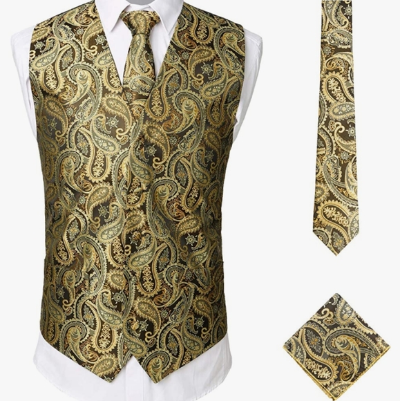 Zeroyaa Classic 3 Pc Black/Gold Vest Set With Tie & Pocket Square Size XXL NWT - Picture 2 of 11